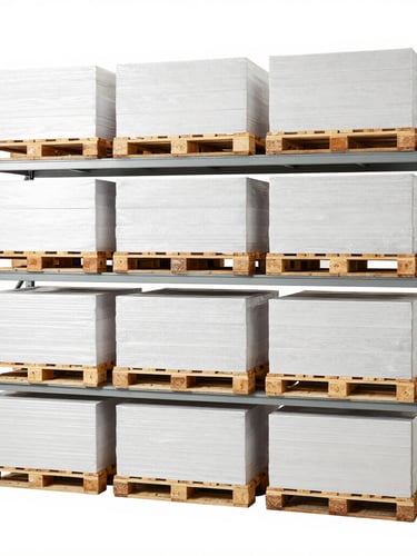 Clean commercial photography of neatly organized warehouse shelving with stacked pallets under bright even studio lighting, 35mm
