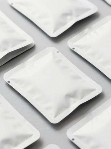 Close-up of pristine consumer product packaging in groups, beauty and health products arranged neatly on a cool grey surface, bright even studio lighting