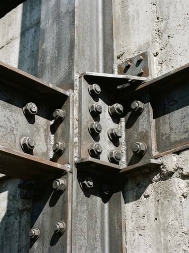Extreme close-up of a massive steel beam connection, high-contrast direct sunlight casting sharp industrial shadows on raw gray concrete.