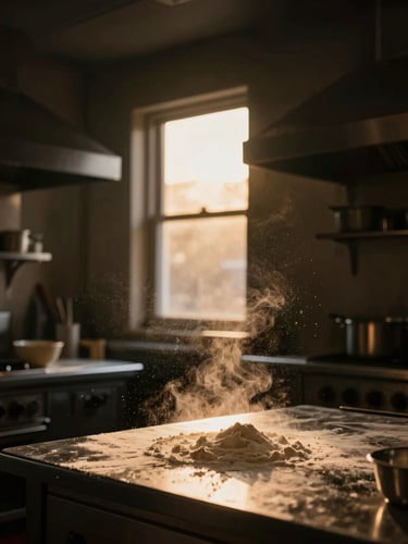 Atmospheric, low-key shot of a modern dark-toned commercial kitchen interior, warm golden-hour light cutting through a high window, flour dust shimmering in the air.