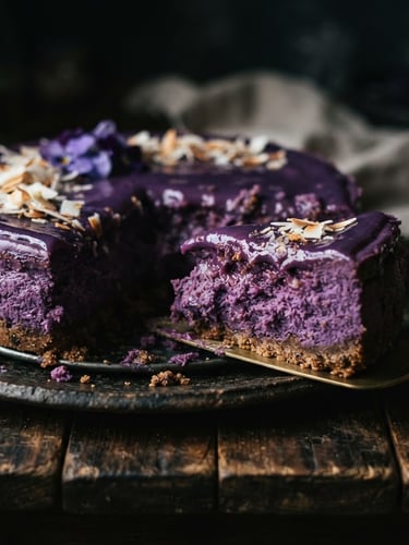Moody close-up of a vibrant purple ube cheesecake with a messy, decadent slice cut out, low-key dramatic side-lighting on a dark rustic table.