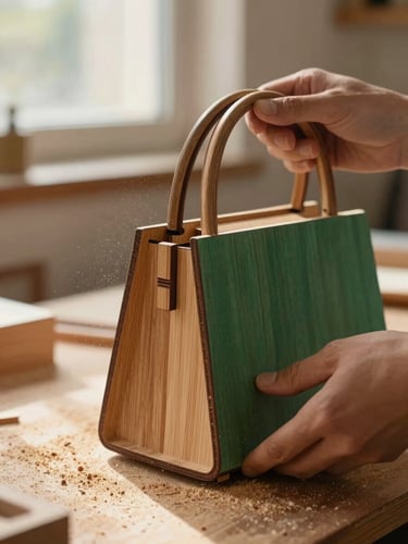 Warm editorial photography of hands sanding a laser-cut wooden handbag, warm morning side-light filtering through workshop window, sawdust in the air, macro shot showing rich wood textures