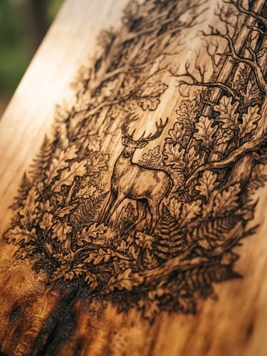 Macro shot of laser-engraving on rich birch wood, warm side-lighting highlighting the wood grain and delicate burnt edges, natural textures.