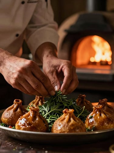 Close-up portrait of a chef's hands carefully garnishing a glistening tandoori platter with fresh herbs, clay tandoor oven glowing in the dark background, warm gold side light
