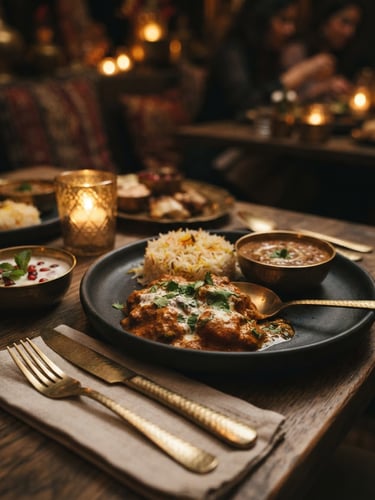 Close-up of a beautifully set luxury Indian dining table, warm golden-hour side lighting, charcoal black plates, brass utensils, soft candle glow, shallow depth of field, 35mm