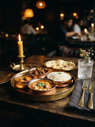 Moody close-up of a beautifully set fine-dining table in a warm-lit Indian restaurant, soft candle light reflecting off brass plates, dark charcoal background, shallow depth of field, 35mm