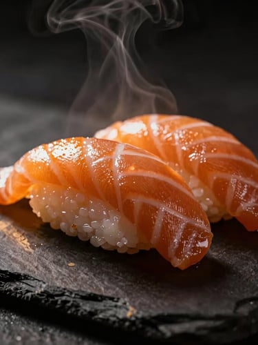 Close-up of glistening, freshly sliced salmon nigiri sushi on a dark slate plate, dramatic warm side-lighting, steam rising softly in the background, shallow depth of field, 50mm