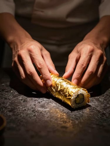 A chef's hands carefully placing a delicate gold leaf onto a freshly rolled maki sushi, dark charcoal background, warm amber spotlight, moody and luxurious atmosphere.