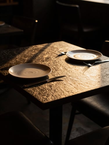 Medium environmental shot of a cozy restaurant table setting for two, dark slate table, warm golden-hour side-lighting casting deep shadows, moody high-contrast atmosphere, 50mm lens.