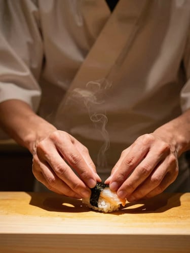 Moody portrait of a Japanese chef's hands carefully shaping a piece of nigiri sushi, warm spotlight, dark background, steam rising slightly
