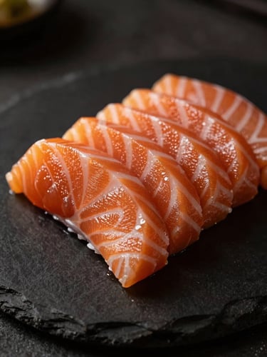 Moody close-up of freshly sliced salmon sashimi on a dark slate plate, warm golden-hour side lighting, shallow depth of field, 50mm
