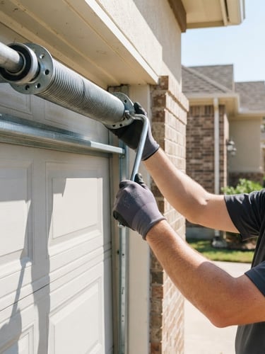 Close-up of a technician's clean hands safely adjusting a garage door torsion spring, bright natural outdoor daylight, crisp afternoon sun, suburban driveway, sharp focus.