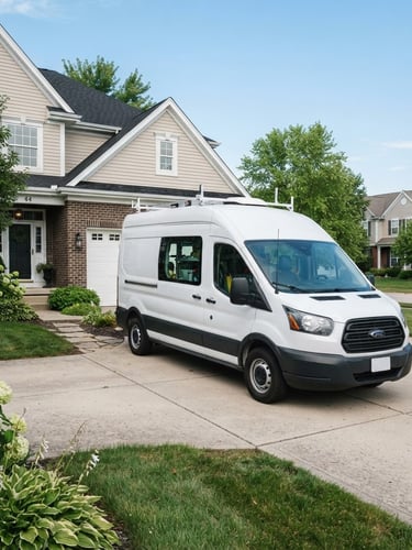 Bright service truck parked in a suburban Pleasant Plains driveway, crisp daylight, clean lines.
