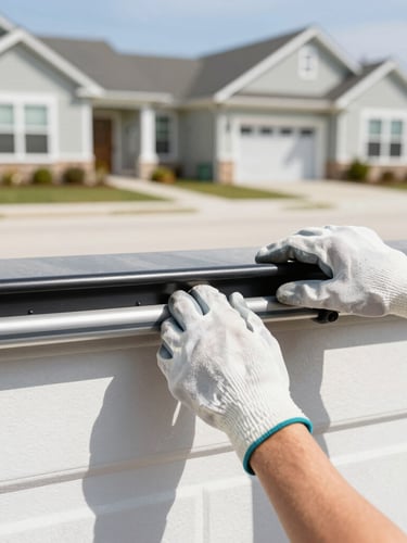 Close-up of clean hands in work gloves adjusting a garage door roller on a track, bright natural light.