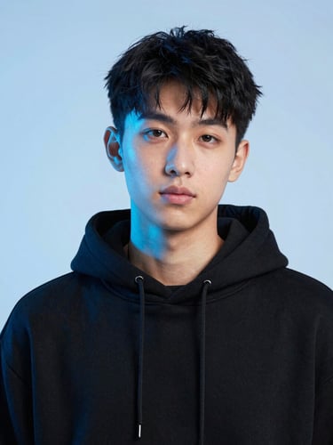A close-up portrait of a Gen Z creator wearing a black minimalist hoodie, cool studio lighting with vibrant electric blue highlights, sharp focus
