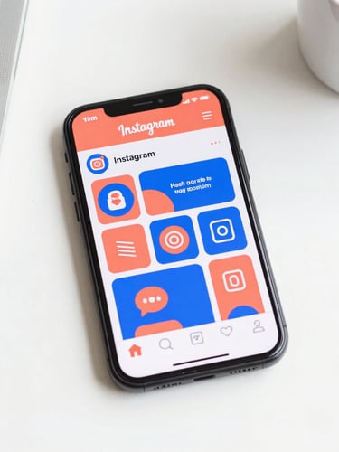 Vibrant smartphone screen displaying an energetic Instagram feed with bold coral and electric blue graphics, flat-lay on a clean white desk, bright studio lighting, 35mm