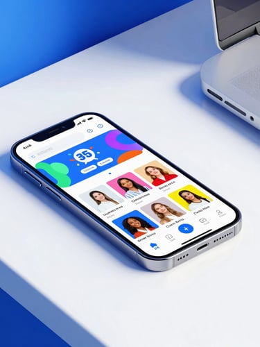 Vibrant digital photography, bright high-key studio lighting, modern workspace with a smartphone displaying a colorful social feed, electric blue accents, 35mm