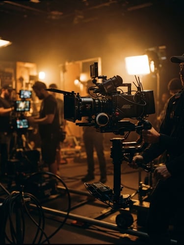 Anamorphic wide shot of a professional cinema camera rigged on a stabilizer, dramatic backlighting, rich warm amber tones, shallow depth of field, production crew in soft focus.