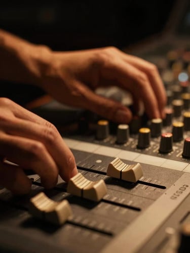 Extreme close-up of a professional audio mixing console, hands adjusting faders under dramatic low-key amber studio lighting, shallow depth of field.