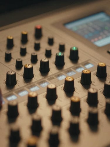 Extreme close-up of a professional color-grading control surface, hands adjusting dials, soft amber and slate blue light reflecting off the metallic panel