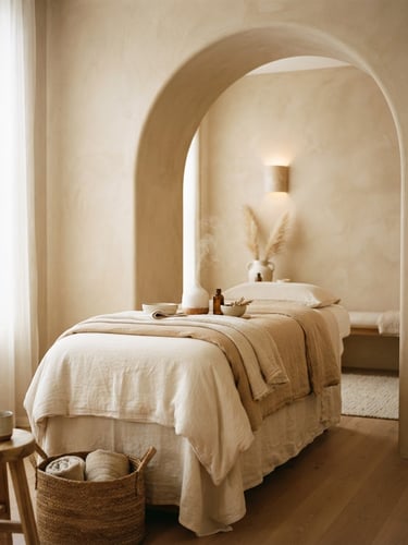 Soft diffused natural light illuminating a minimalist treatment room with clean linen, warm sand tones, architectural arch detail, 35mm film