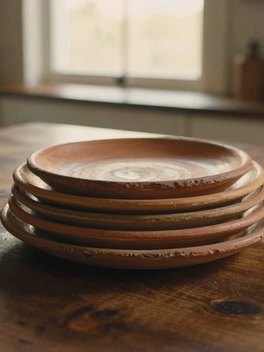 Stacked rustic terracotta plates with slight organic variations on a dark wooden kitchen table, soft golden-hour window light, warm earthy tones, 35mm film.