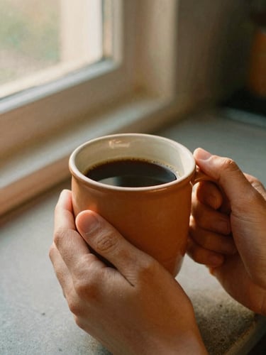 Hands holding a warm terracotta stoneware mug filled with coffee, soft golden-hour window light, cozy kitchen background, tactile texture, 35mm film.