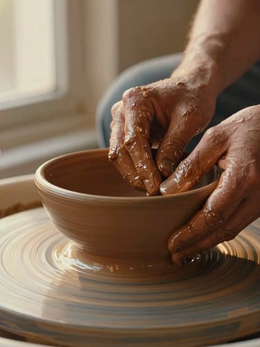 Close-up of potter's hands shaping a warm terracotta clay bowl on a spinning wheel, soft golden-hour window light, water droplets and clay texture visible, 35mm film