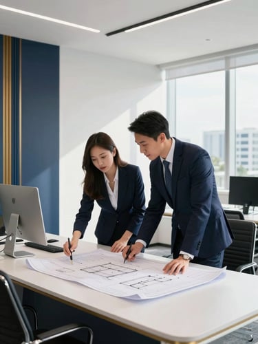 Two professional advisors collaborating over architectural blueprints and documents in a sunlit modern Florida office, clean lines, professional atmosphere.