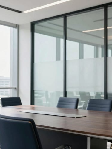 A modern boardroom with structured glass walls, clean lines, bright daylight, soft shadows, reflecting corporate authority and architectural clarity.