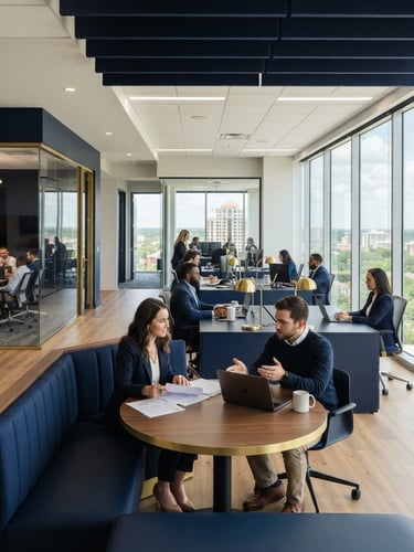 A sharp corporate office interior in Tallahassee, bright natural daylight streaming through large windows, clean architectural lines, deep navy accents, 50mm.