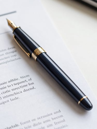 Close-up of a high-quality fountain pen resting on structured legal contracts, clean desk surface, bright natural office light, professional setting.