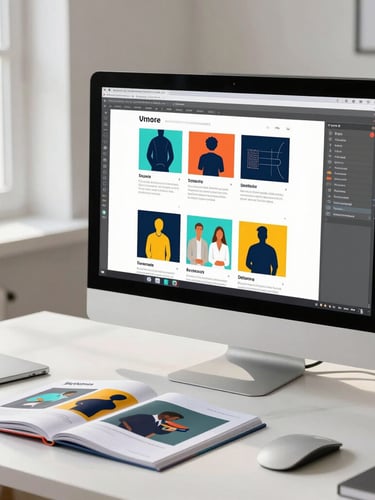 A bright, modern graphic design workspace featuring a large color-calibrated monitor displaying a branding project, a clean desk, and a physical printed catalog nearby under natural daylight.