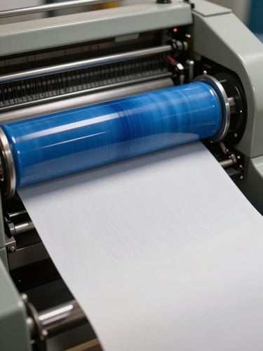 Close-up of a printing press cylinder applying vibrant blue ink to thick cotton paper, action shot with motion blur, industrial studio lighting