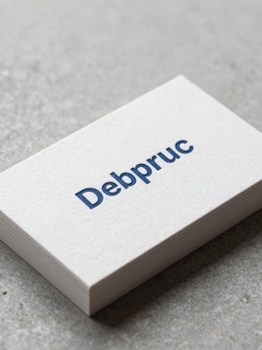 A close-up, high-fidelity mockup of premium business cards with textured heavy cardstock, deep blue debossed typography, resting on a clean concrete surface in bright, diffused studio lighting.