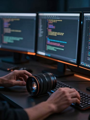 Moody close-up of developer hands collaborating over code screens, sharp orange rim lights, high-contrast technology photography, 35mm lens