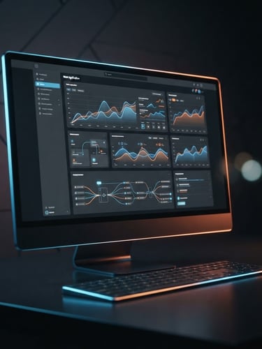 Sleek dark-mode technology photography, isometric mockup of a web application on a high-end monitor, glowing orange and blue neon rim lights, 35mm lens