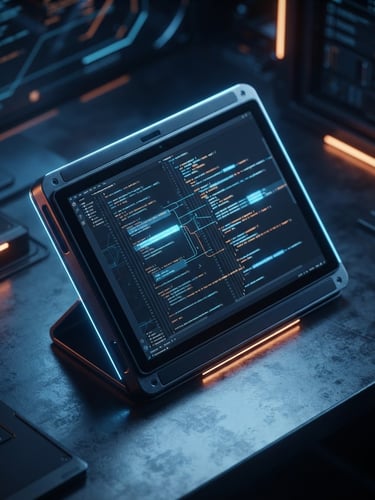 Sleek dark-mode technology photography, isometric high-fidelity device mockup showing clean code architecture, moody blue neon rim lighting, 35mm lens
