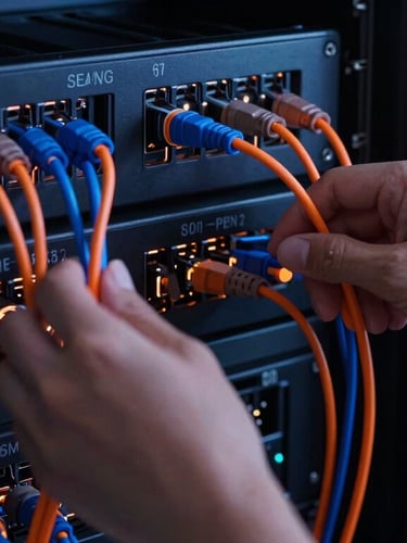Sleek dark-mode technology setup, close-up of developer hands configuring server nodes, glowing orange and deep blue fiber optic cables, high-contrast studio lighting, 35mm lens
