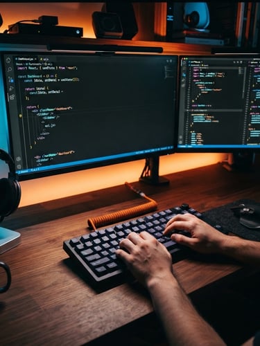 Close-up of developer workspace lit by neon blue and orange accent lights, mechanical keyboard, dual monitors displaying clean React code, high-contrast 35mm photography