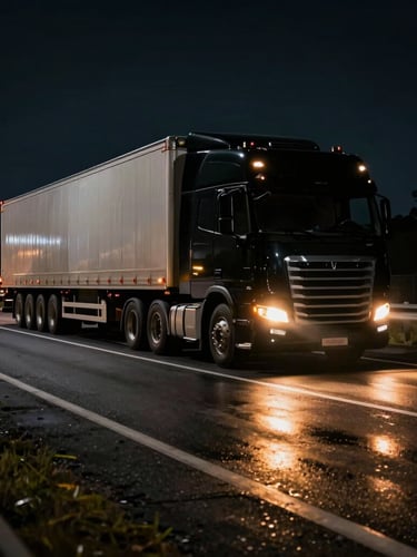 Wide environmental night shot of a sleek black semi-truck moving on an empty highway, wet asphalt reflecting sharp gold headlamps, low-key lighting with deep shadows.