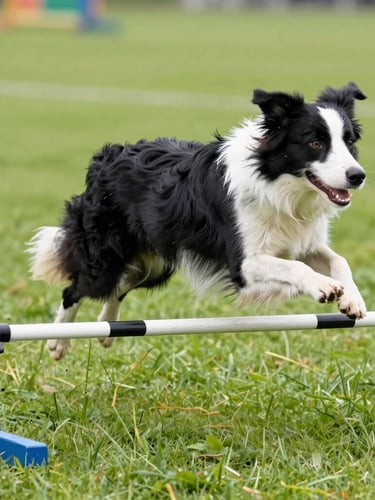 Low-angle action shot of a border collie mid-leap over an agility bar, bright outdoor daylight, vibrant turf-green grass background, crisp high-speed shutter.