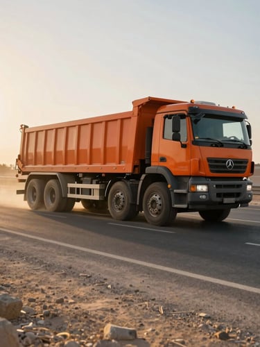 Wide-angle action shot of a heavy orange tipper truck in motion on a dusty Abu Dhabi highway, early morning golden hour light casting long dramatic shadows.
