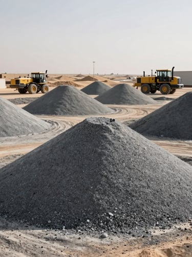 Wide angle shot of massive stockpiles of graded grey aggregate at the Mafraq industrial yard under harsh, bright desert daylight, heavy machinery visible in background