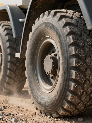 Extreme close-up of heavy tipper truck tires in coarse gravel, bright desert daylight reflecting off metal, dust kick-up, focus on tire tread and raw aggregate texture