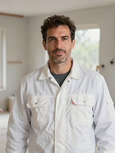 Portrait of Fernando Pagani, a professional contractor in clean workwear, looking confident on a brightly lit, organized renovation site, natural daylight, 35mm