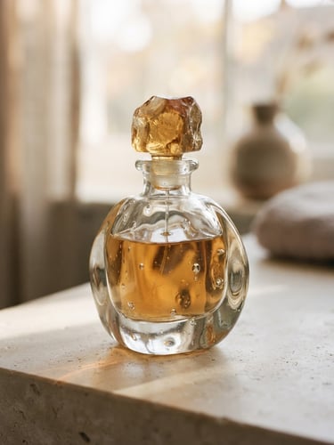 Close-up of a sculptural heavy glass bottle on a minimalist vanity, soft afternoon window light, warm cream tones, shallow depth of field, 35mm