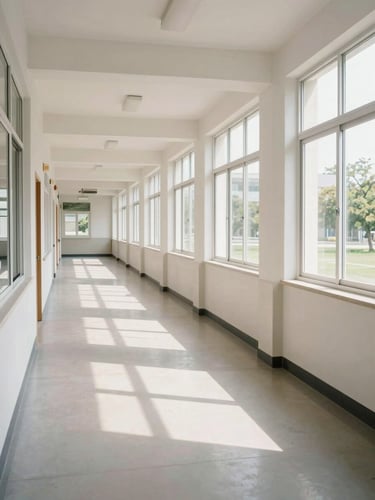 Wide environmental shot of a bright, newly painted school corridor with clean lines, natural light flooding from large windows, and secure modern fixtures.