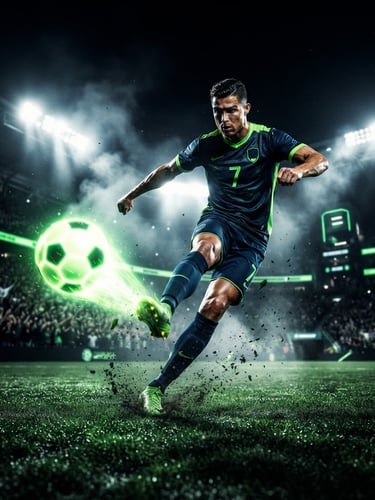 Low-angle heroic shot of a professional football player kicking a glowing ball, dramatic stadium floodlights, dark high-contrast background with neon green accents