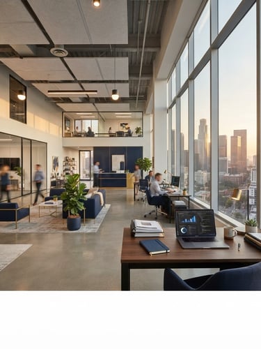 Wide panoramic professional office environment at golden hour, a clean desk setup with a laptop and documents to the right third, expansive modern space, low horizon, navy and gold accents, bright natural office daylight, sharp focus, 35mm lens